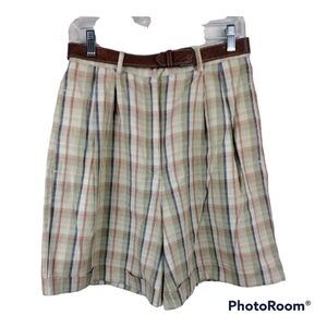 Liz Thomas Vintage Tan Multicolored Plaid High Rise Pleated Bermuda Casual Short